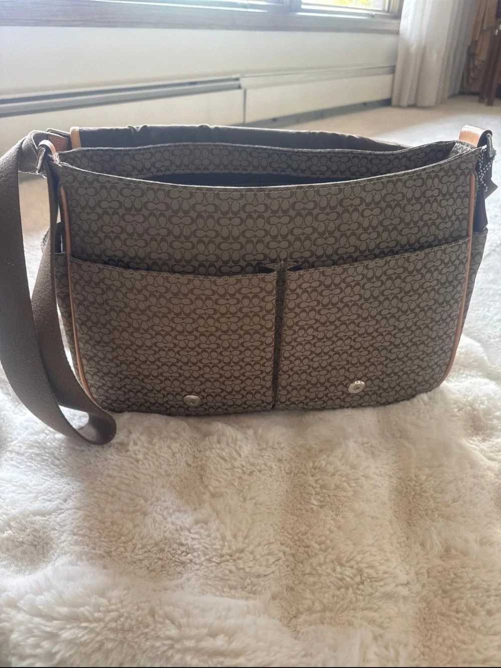 Coach Brown Signature Canvas Diaper Bag with Tan Leather Trim